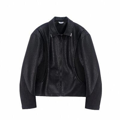 HuandongMeng 翻领CleanFit短宽皮衣夹克春秋薄款解构拼接外套