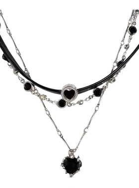 「全店买二赠一」甜酷辣妹黑皮绳爱心锁骨链多层叠戴项圈颈链项链