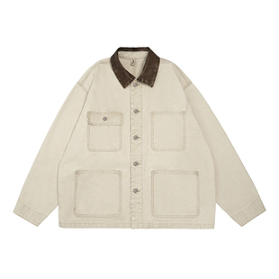 TOPTIER BRO 密歇根夹克男复古水洗做旧拼擦色皮领廓形工装外套