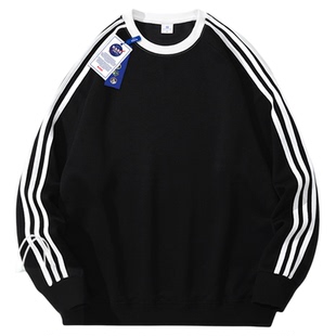 NASA联名美式加绒三条杠长袖卫衣男女款秋冬季保暖加厚内搭打底衫