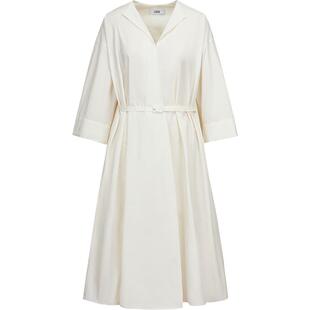 LESS夏季休闲中袖白色箱型V领衬衫长款连衣裙宽松含腰带2O4G11290