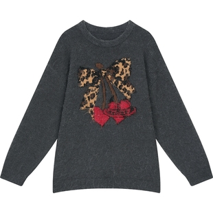 妖精的口袋豹纹樱桃拉毛甜美新年毛衣女2025年冬季新款慵懒高级感