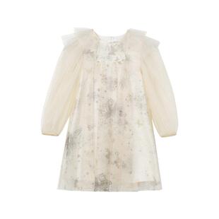 RBIGX瑞比克官方秋季烫金印花网纱连衣裙女童高级长袖甜美公主裙