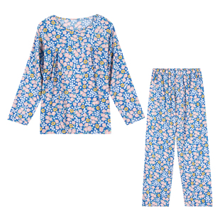 中老年女夏秋季睡衣套长袖长裤绵绸套装宽松家居服人造棉棉绸套2