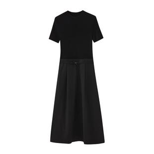 水云间女装 圆领简约通勤收腰拼接羊毛针织连衣裙短袖夏新款