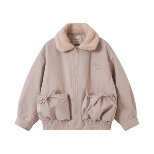 senbaby童装女童保暖外套2026冬装新款儿童口袋翻毛领棉衣棉服