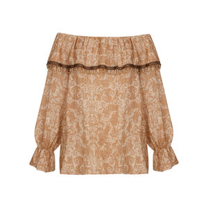 Miorastudio法式复古姜黄色气质露肩喇叭袖衬衫荷叶边一字肩上衣