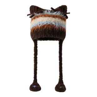 毛绒猫耳朵护耳帽子女冬季蝴蝶结条纹毛线帽保暖可爱显脸小雷锋帽