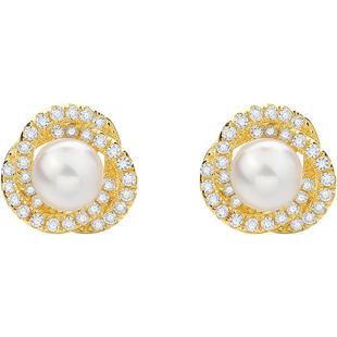 周六福淡水珍珠耳钉S925银黄金色赫本风复古送女友本命年礼物