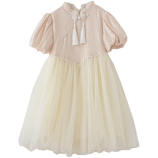 女童缎面中式公主裙 儿童泡泡袖连衣裙  生日礼服裙中童 夏款童装