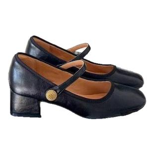 手工仿皮革法式复古粗跟玛丽珍鞋春秋新款一字带浅口软皮高跟单鞋