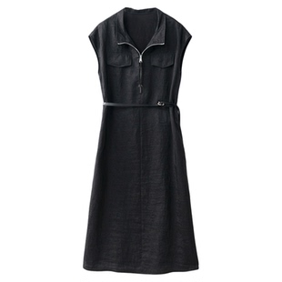 一丝牵 拉链立领真丝香云纱龟纹连衣裙100%桑蚕丝连袖收腰长裙夏