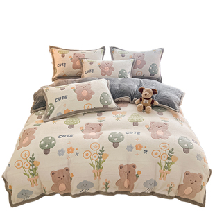 卡通冬季加绒牛奶绒珊瑚绒被套单件儿童双面绒被罩小熊三件套男孩