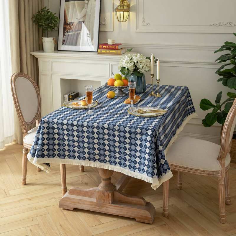飞阳新款美式复古格子高级长方形茶几餐桌简约奢布轻桌布现代布感