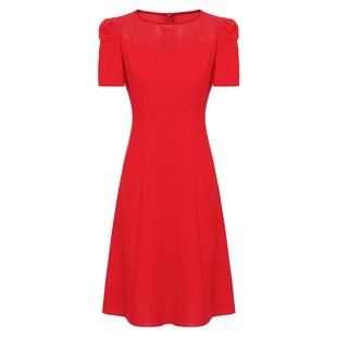 专柜正品马天奴女装夏季新款红色圆领收腰连衣裙短袖气质裙子礼裙