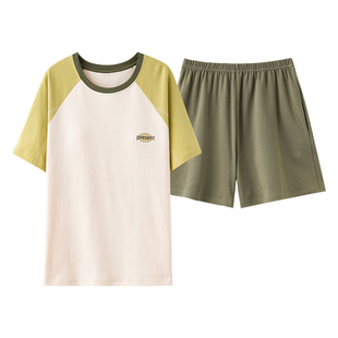 芬腾可安夏季纯棉女士短袖睡衣夏天薄款带胸垫可外穿家居服两件套