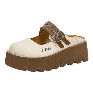 星期六增高6cm勃肯鞋半拖女夏季新款一脚蹬松糕厚底真皮包头拖鞋