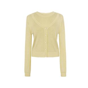 XG雪歌浅黄色假两件毛针织衫2025春季新款圆领长袖短款开衫毛衣女