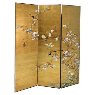 中古风手绘漆画屏风金箔花鸟茶室客厅餐厅玄关隔断沙发背景可定制