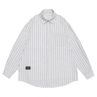 GOGOSOON长袖衬衫男2025新款春秋翻领竖条纹宽松少年感休闲衬衣潮