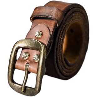 复古真皮做旧铜扣 3.3宽 头层牛皮男士黄铜青年皮带 牛仔工装风格