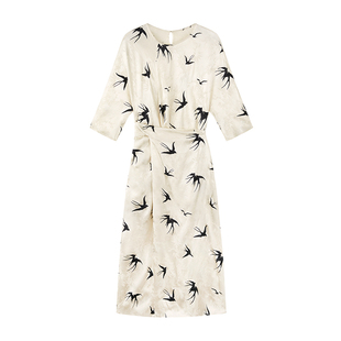 如意连云【燕皙】印花系带收腰扭结中袖连衣裙女新中式国风长裙