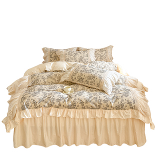 法式田园花卉全棉床上四件套公主风蕾丝花边纯棉被套仙女床裙床单