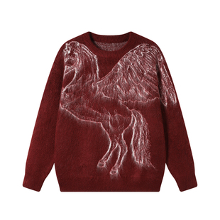 丛林老虎2026新年软糯毛感马年针织衫男女本命年酒红色设计感毛衣