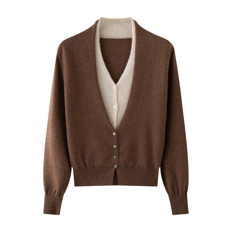 100%纯山羊绒针织开衫女V领假两件毛衣秋冬宽松显瘦高端软糯外套