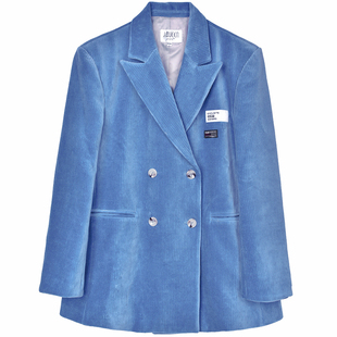蓝色灯芯绒西装外套女秋季新款时尚复古休闲条绒高级感加绒西服