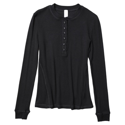 TANG TOWN 超弹强捻莫代尔罗纹亨利领半开纽扣长袖修身针织衫T恤