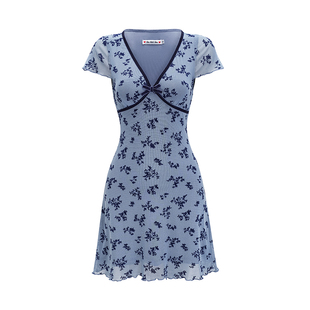 Go Girl Go自制欧美风复古深v碎花连衣裙女收腰修身显瘦a字裙短裙