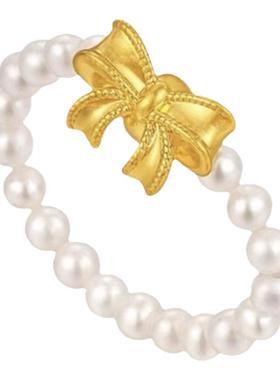 蝴蝶结弹力黄金珍珠戒指在逃公主