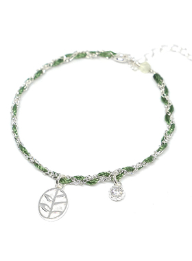 THISNESS 许愿手链 纯银椭圆叶子橄榄绿编织手链原创手工小众设计