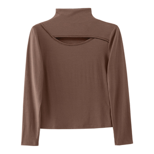 灰色镂空半高领打底衫女春秋新款内搭修身长袖针织中领设计感上衣