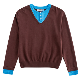 riverstone男装假两件撞色打底亨利领毛衣春季新款套头针织衫男生