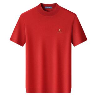 [桑蚕丝绵羊毛/高支纱线]梦特娇秋季男羊毛短袖针织衫半高领毛衣J