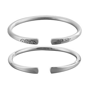 顺钦银楼S9999纯银手镯女山海光面足银镯子情侣简约手环国潮礼物