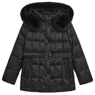YINER音儿专选2026春季新款一手长柔光缎面狐狸毛领连帽羽绒服