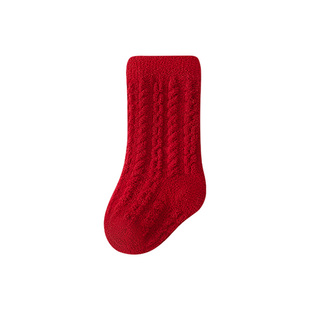 红色婴儿袜子秋冬加绒加厚珊瑚绒幼儿新生宝宝新年袜周岁袜中筒