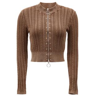 Vero Moda奥莱针织开衫女2025秋冬新商场同款铆钉拉链做旧毛衣