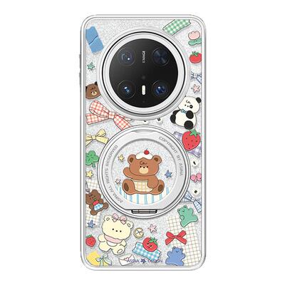 熊仔拼贴适用华为Mate60Pro手机壳磁吸带支架新款mt70por+支点套Qo1高级感网红简约mete60全包闪粉奢华女