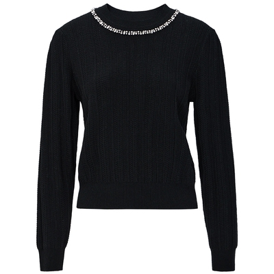 马天奴纯色缝钻圆领提花针织衫