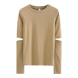 春秋小心机袖子破洞纯白长袖t恤女抖音超火网红漏洞打底衫潮内搭