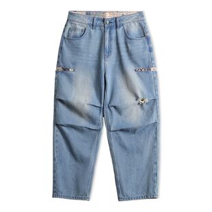 马登工装美式复古阔腿宽松伞兵牛仔裤古布水洗破洞薄款休闲裤男春