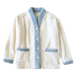 日系睡衣上装女珊瑚绒加厚保暖休闲时尚拼色法兰绒家居服上衣单件