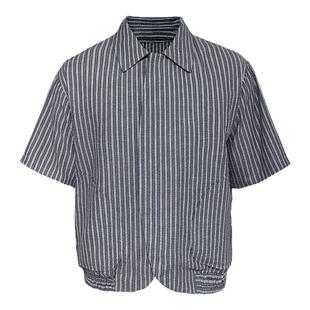 JCAESAR SHIRT 泡泡褶弯弧打揽衬衫 暗蓝色条纹 褶皱肌理 暗门襟