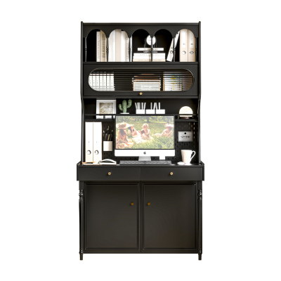 洞洞板实木书桌书架一体电脑桌