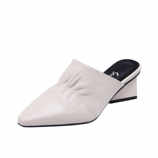 2026新款法式尖头半拖鞋女夏外穿中跟粗跟穆勒鞋软皮包头真皮拖鞋