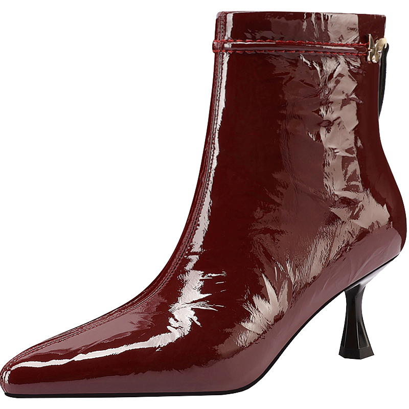 酒红色软漆皮尖头短靴女2025秋冬季新款洋气真皮配裙子细高跟靴子